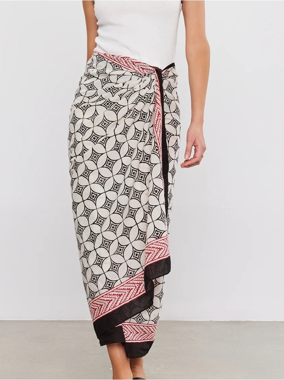 Printed Black & Cream Wrap Skirt with Red Trim - Picture 4 of 6
